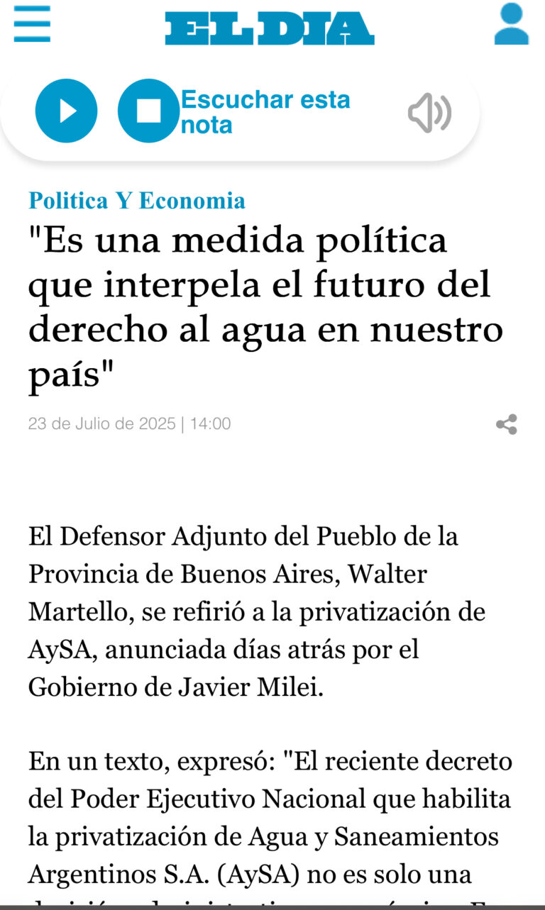Informe en el diario El Día sobre la privatización de AySA
